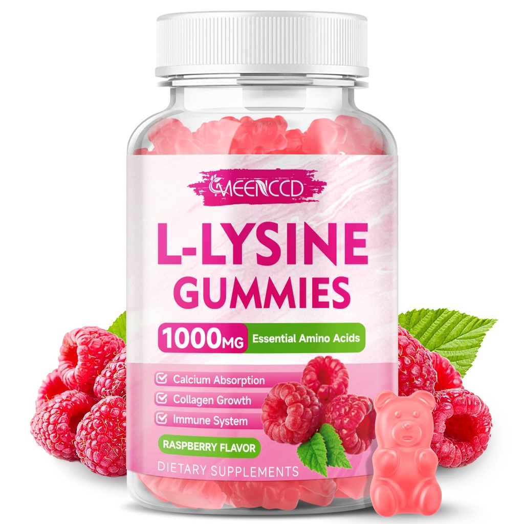 L-Lysine 100mg Gummies, Lysine Suplement for Dewata & Kid, Estibe Acid Suplemen Lips & Oral Health, Boost Immune & Kalcium, Sugar- Free, Raspberry Flavor, 60 Count