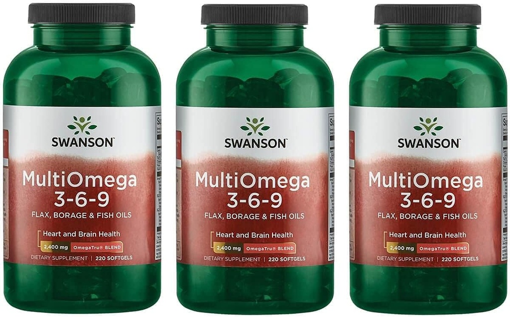 Swanson MultiOmega 3-6-9 - Non- GMO Flax Oil, Borage Oil Capsules, '&' Fish Oil Capsules - EscutFatty Acids Apporting Cardiovaskular Health '&' & 'Brain - (220 Softgels, 2400mg Serving) 3 Botol