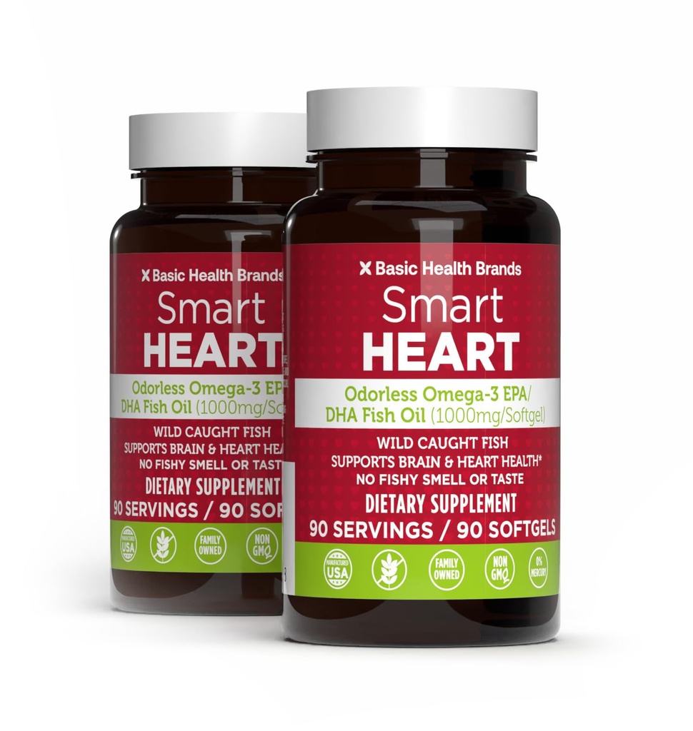 Dasar Brands Heart Smart Odorless Omega-3 Fish Oil 10000mg - Triple Power EPA & DHA, Non-GMO, Heart & Cognitive Dukungan - 90 Burpless Softgels - 2- Pack