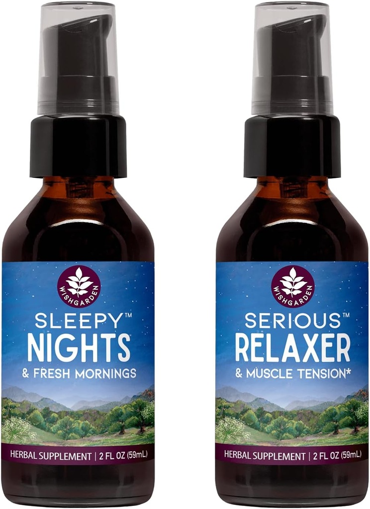 WishGarden Herbs Sleepy Nights Herbal Sleep Dukung + Serious Relaxer Natural Relaxing Muscle Supplemen (2-2Oz Bundle)