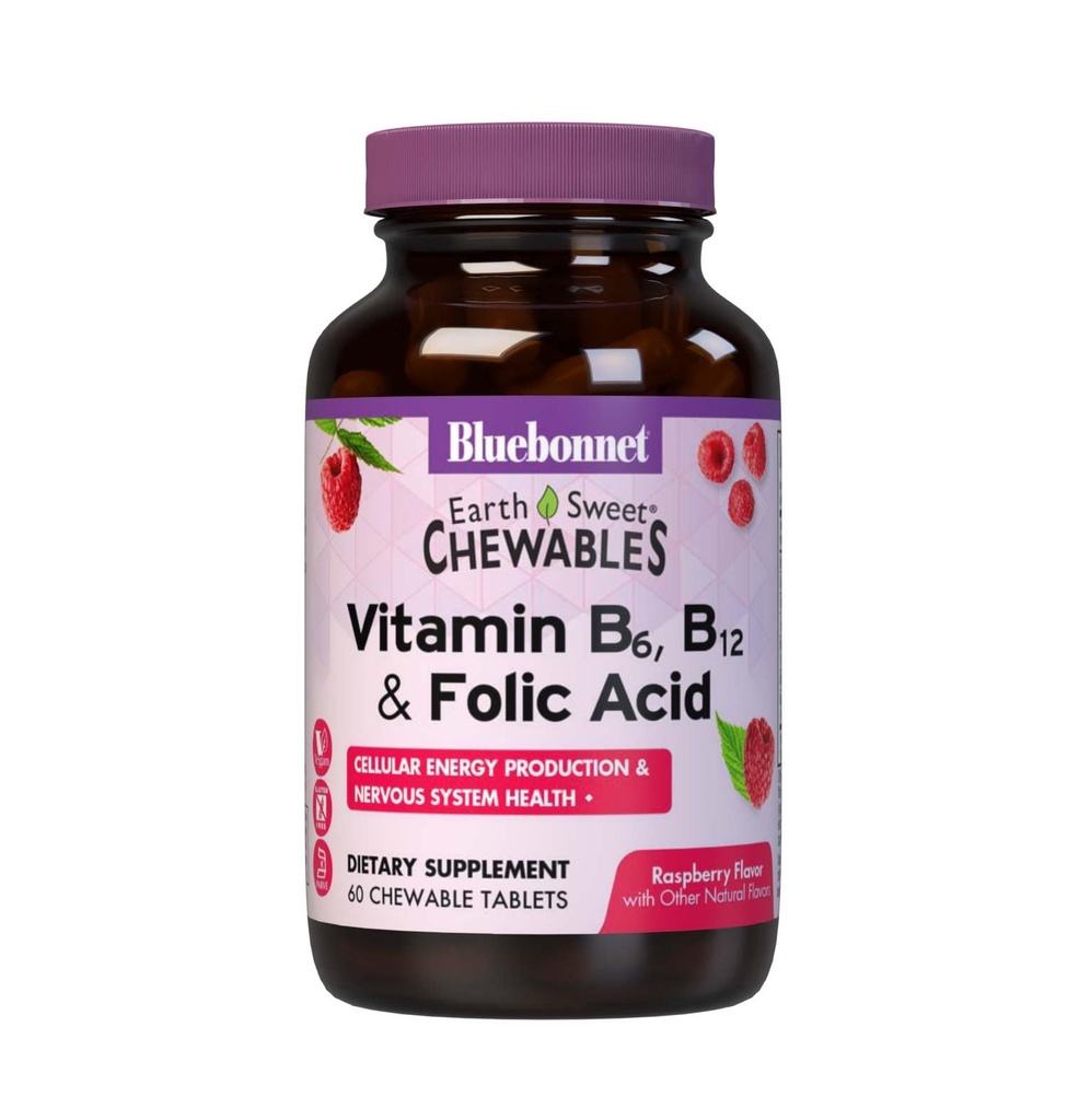 Bluebonnet Nutrition Earth Sweet Vitamin B6, B12, Plus Folic Acid Chewable Tablet, Vegan, Vegetarian, Gluten Free, Soy Free, Kosher, 60 Chelable Flavor