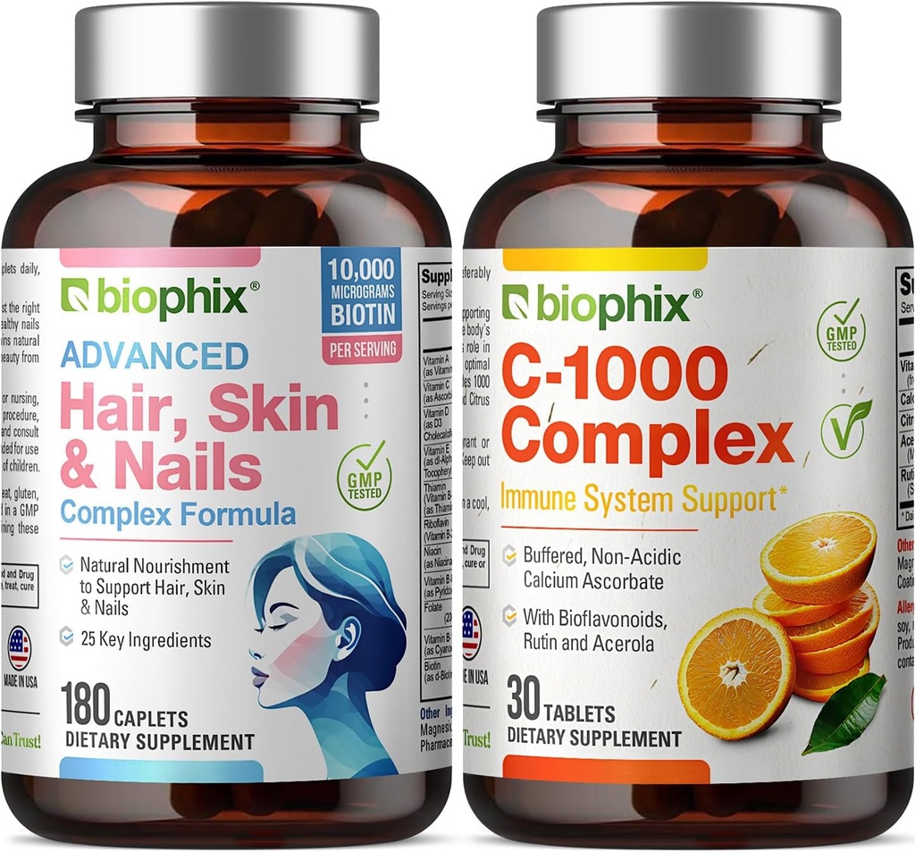 Skin dan Nails Kompleks 180 Caplet dengan 10.000 mcg Biotin - Free Vitamin C-1000 30 Tablet - Multivitamin Supports Strong Nails Beautiful Hair Healthy Aging