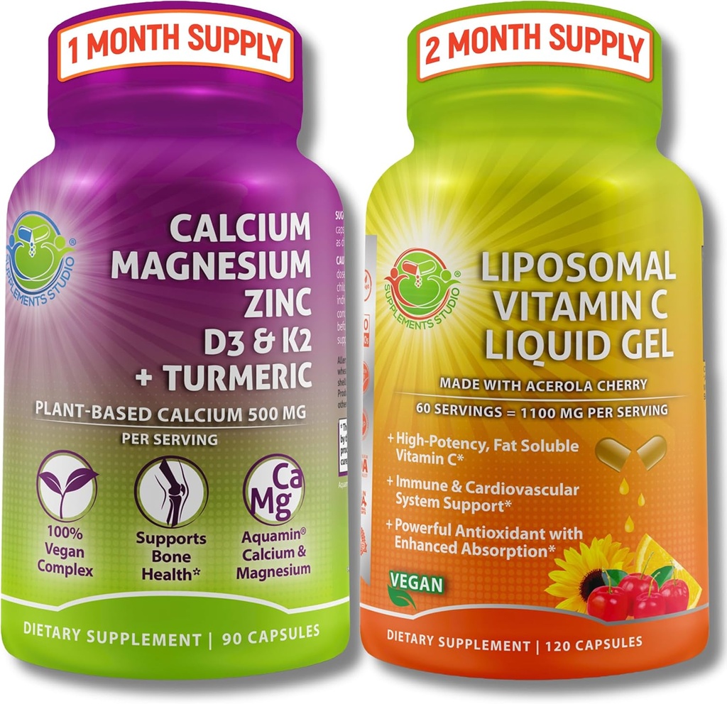 Bone & Imune Dukung Bundle - Lipomal Vitamin C 11100mg Liquid Gel diperkaya dengan Acerola Cherry & Plants - Based Calcium (from Aquamin ®), Magnesium, Zinc, D3, K2 + Turmeric - Clean Wellness Support