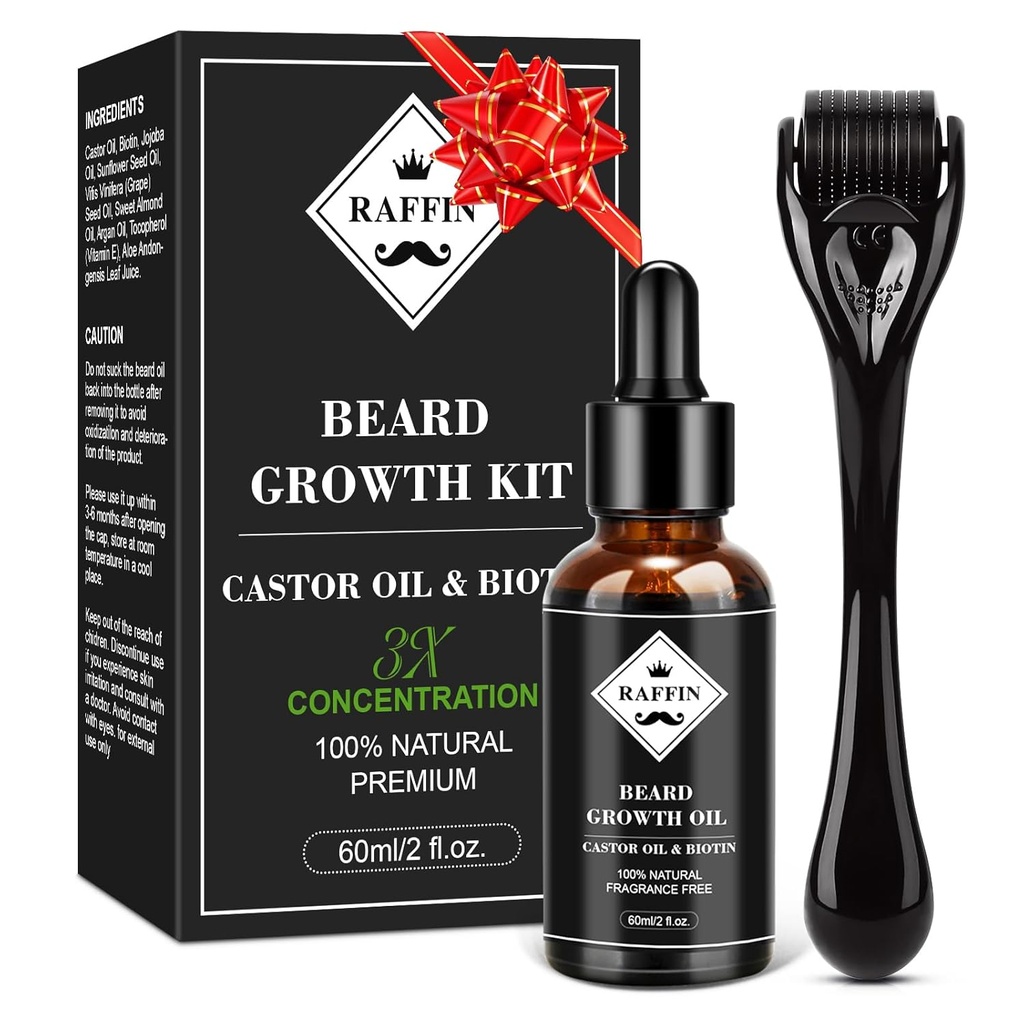 [Raffin Growth Kit, Upgraded Beard Growth Oil (2Oz) w / Maximum Thickening Biotin & Castor Oil for Spot / Patchy Beard, Achieve Fuller, Thicker & Healthier Beard, Gifts for Him Girlhusband Dad