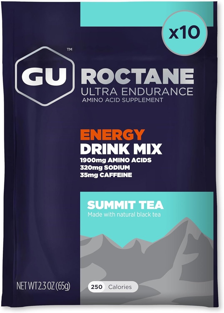 GU Energy Roctane Ultra Endurance Energy Drink Mix, Vegan, Gluten- Free Kosher, and Dairy-Free N-the Go Energy for any Workout, 10 Single-Serving Packets, Summit Tea