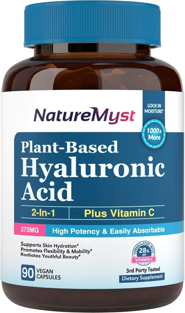 Suplemen Acid Hyaluronic, dengan Vitamin C, 250mg Plant - berbasis HA, 90 Vegan Caps, untuk Skin & Eyes, Produksi Collagen, Easy Absorbable