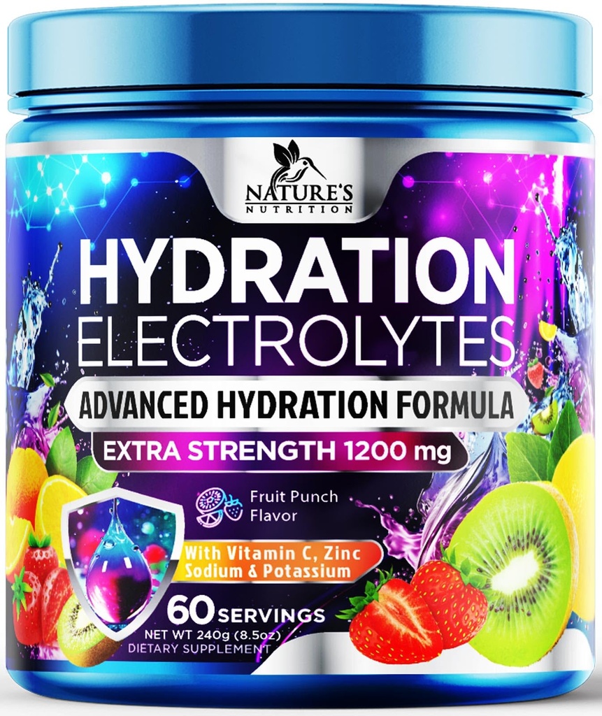 Hydration Electrolite Powder 1200mg - Daily Liquid Replenisher Minum Mix - Electrolite Multiplier dengan Mineral, Potusium & Real Salt, Keto, Non- GMO - Tasty Fruit Flavor Electrolytes - 60 Services