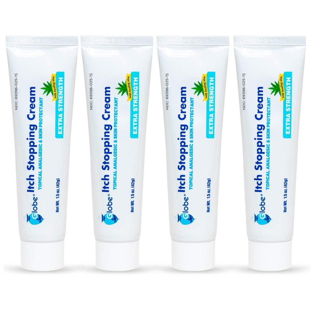 (4 Paket) Globe Ekstra Kekuatan Itch Menghentikan Anti- Itch Cream 1.5 Oz dengan Histamin Blocker, Diphenhydramine HCl Topical Analgesic & Zinc Acetate Skin Protectant untuk Relief dari Most Outdoor Itches