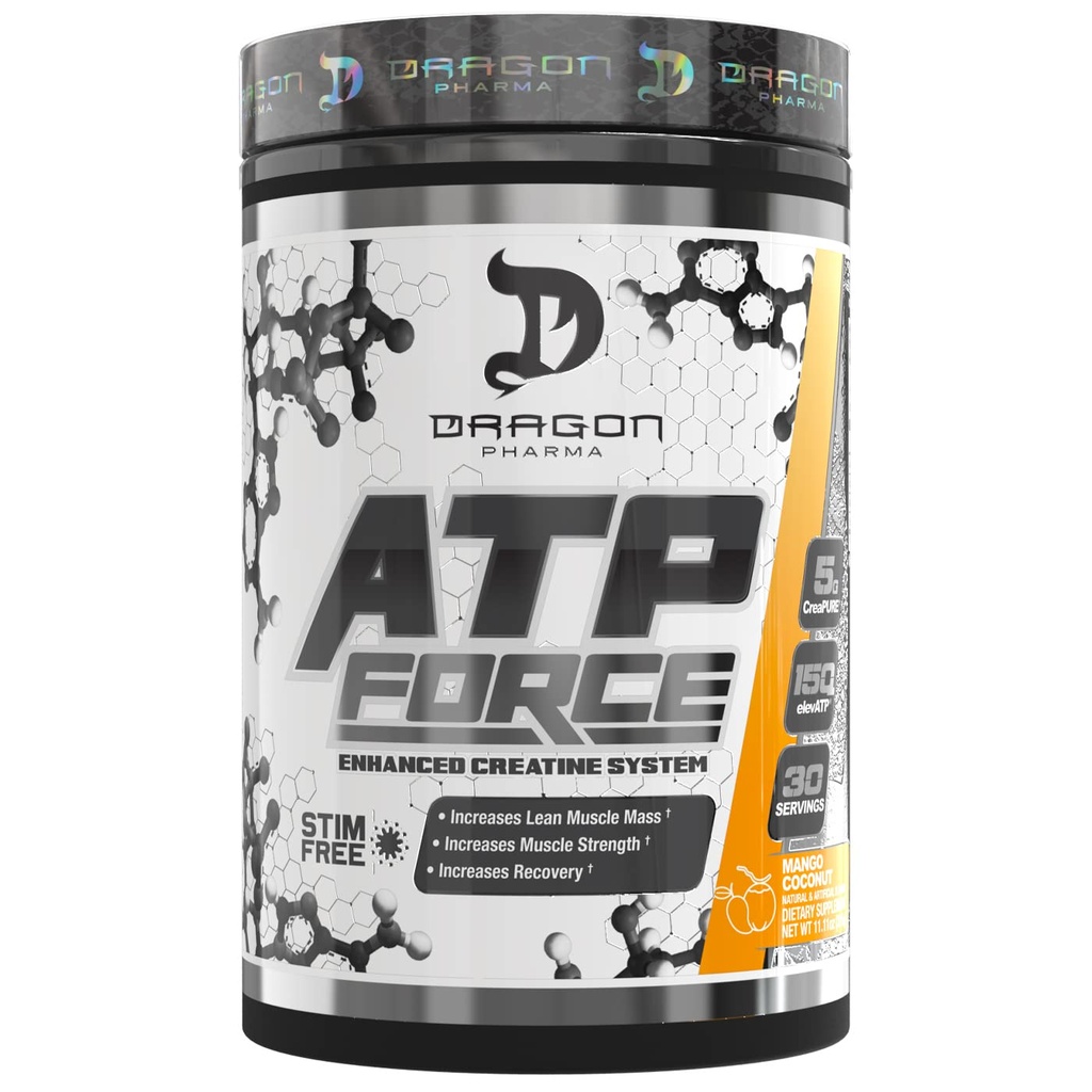 DRAGON PHARMA ATP Force Enhanced Creatine System, Stim- Free, Increase Lean Muscle Mass & Recovery, 5 Grams of Creature, Improve Blood Flow (30 Servings, Mango Coconut)