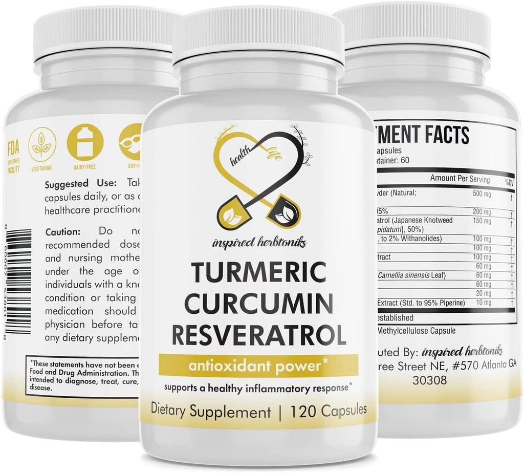 Curcumin Turmeric Resveratrol Suplemen Nutres, Properti Antioksidant, Mendukung Inflammasi Baik dan Sistem Imune, 120 Agan Kapsul