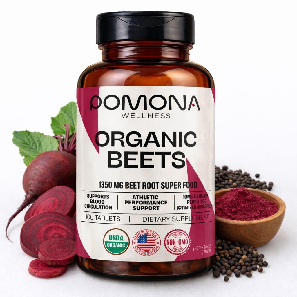 Pomona Wellness Beetroot Supplement Powder 1350mg, Support Blood Pressure, Heart Health, Circulation, Energy & Athletic Performance, USDA Organik, Non-GMO, Vegan, 100 tablet