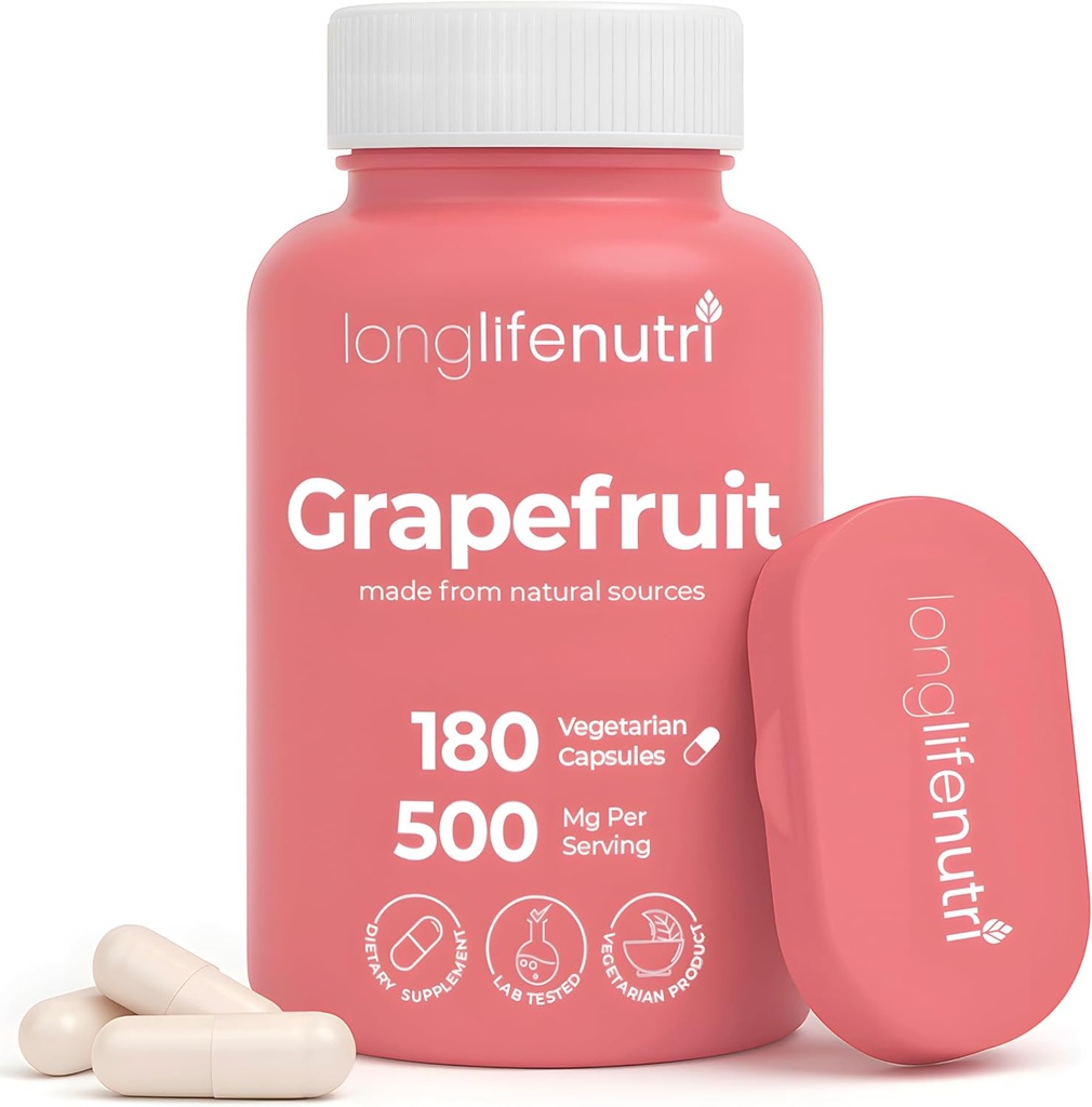 Ekstrak Benih Grapefruit 500mg - Tersebar dari Citrus Paradissis, 180 Vegetarian Capsules, Persediaan Naringin Organik untuk Energi Harian & Keseimbangan, Suppply 6- Bulan, GMP Disertifikasi, Dibuat di USA