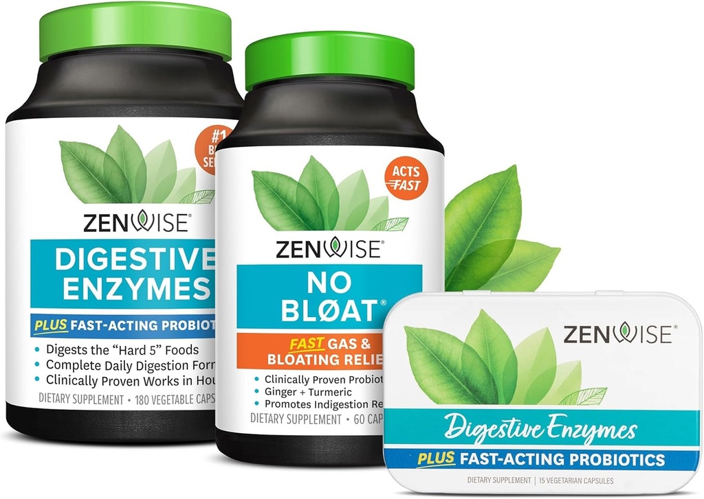 Zenwise Health Digetical Enzymes, No Bloat, and Free Travel Tin with Progresy for Digetical and Gut Health 124; Bloating Relief for Women and Men
