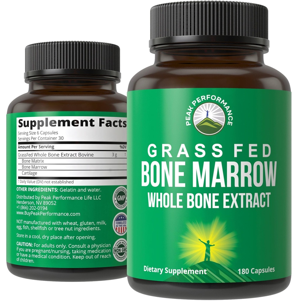 Peak Performance Fed Bone Marrow - Whole Bone Extract Suplement 180 Capsules Superfood Pills Rich di Collagen, Vitamin, dan Amino Acids. dari Bone Matrix, Marrow, Cartilage. Tablet Ansestral