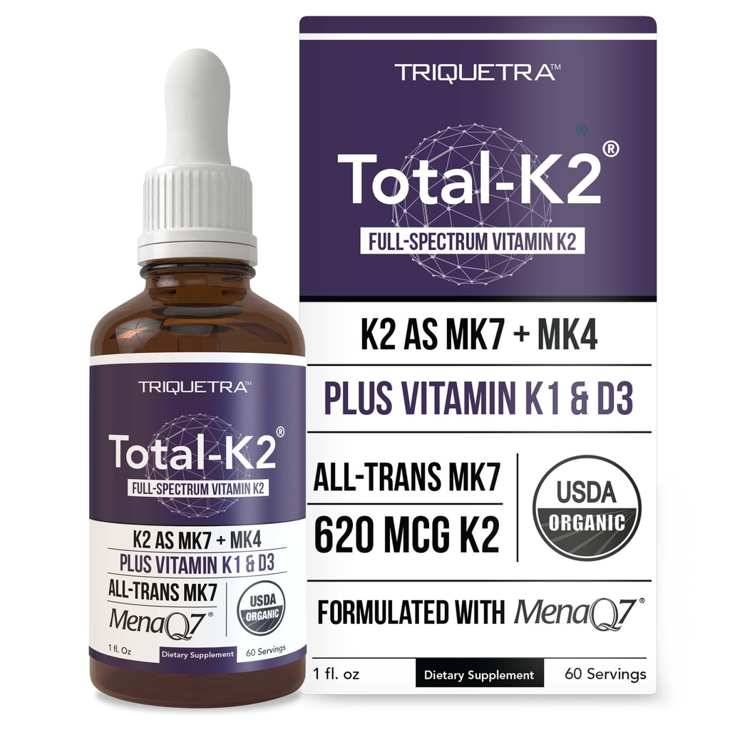 Total K2 ® 124; Vitamin K2 sebagai MK7 & MK4 124; Plus K1 & Vitamin D3 Cofactor - 620 mcg K2 per Serving - All- Trans MK7 dari MenaQ7 Islam - Full-Spectrum Vitamin K - Vegan, Seracaned (Liquid 1 oz)