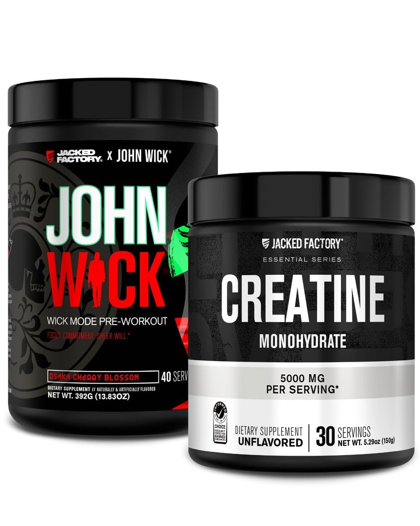Jacked Factory X John Wick - Wick Mode Pre Workout Powder (Osaka Cherry Blossom, 40 Servings) & Creatine Monohydrate Powder (Unflashed, 30 Servings)