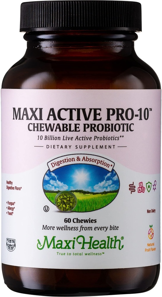 Maxi Health Active Pro-10 Kids Probiotic Chewables - 15 Strains for Digetical & Ammune Health -10 Milyar Probiotic Blend - Free, Kosher - Support Gut Health, Vegetarian - 60 ct (Shelf Stable)