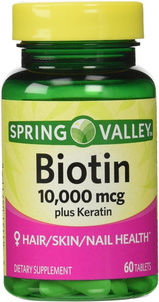 Suplemen Diet Spring Valley Biotin, 10.000 Mg Dengan 100 Mg Keratin, 60 tablet
