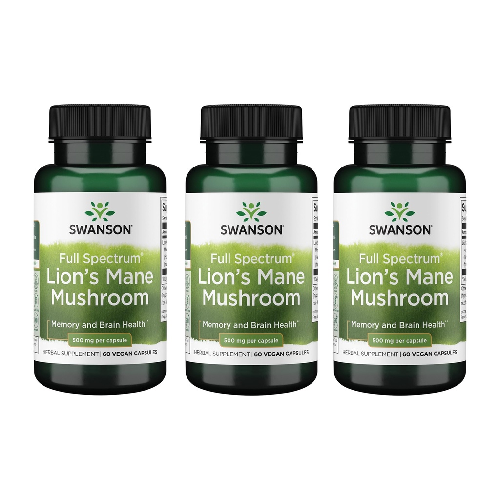 Swanson Lion 's Mane Mushroom - Suplemen Brain Booster Tradisional Dibuat dari Hericium Erinaceus (60 Capsules, 500mg Masing-masing) 3 Pack