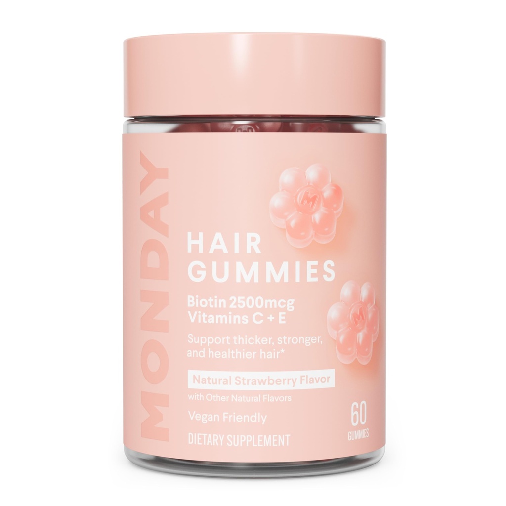 MONDAY HAIRCARE Hair Gummies with 2500 mcg Biotin, Vitamin C & Vitiman E for Thicker, stronger and Healthier Hair 60ct