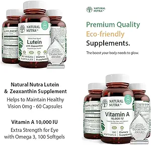 Natural Nutra Lutein dan Hobxanthin Suplement Soy, 20mg - 60 Capsules dan Vitamin A 10.000 IU, Membantu mempertahankan Healthy Vision dengan Omega 3, 100 Gluten Free Softgels