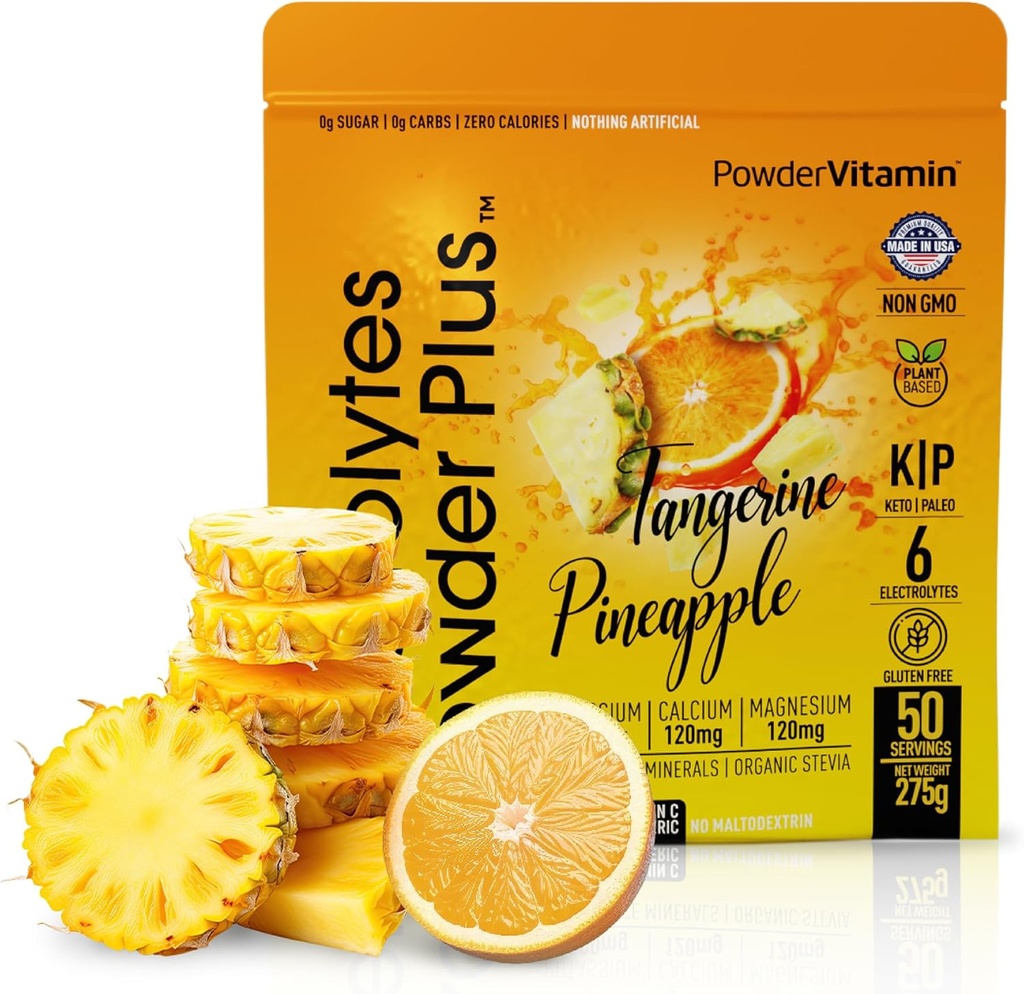 PowderVitamin Electrolytes Powder Plus (50 pelayan) Tangerine Pineapple Electrolyte Powder 0 Calorie Keto, 0 Sugar, No Maltodextrin, 1000mg Potasium, 120mg Calcium, 120mg Magnesium, Powder Hidration