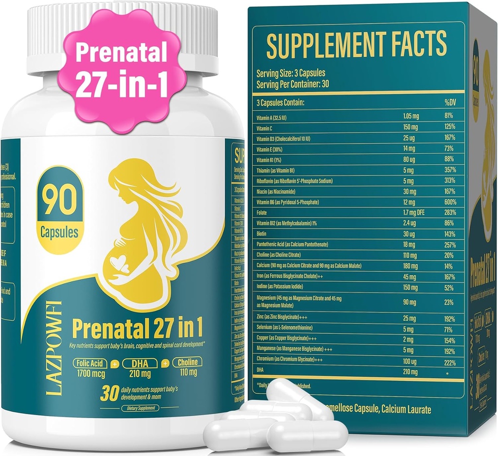 Prenatal Vitamin untuk Women Posnatal Multivitamin dengan Acid DHA Choline untuk Perempuan Hamil dan Breastfeed Niacinamin dan Mineminamin 27 dalam 1 Tambahan 90 Kapsul-30