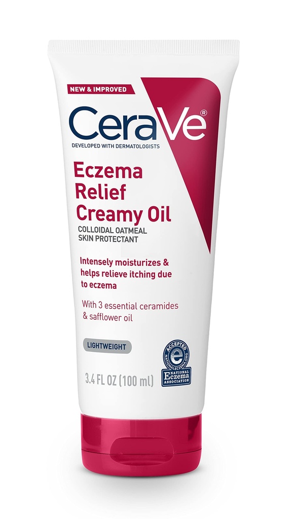 CeraVe Eczema Relief Creamy Body Oil, Eczema Calming Cream with Colloidal Oatmeal & Safflower Oil For Dry Skin Relief, Steroid Free & Paraben Free, 3.4 Ounce