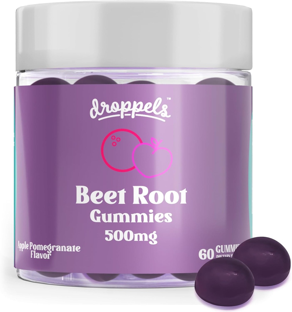 DroppelBeetRootGummies with Beetroot Powder 500mg, GrapeSeed Extract 300mg, Vitamin B12 & Niacin14; Vegan, Pectin- Based & Non-GMO Beetroot Application, Apple Pdocate Flavor, 60 Count