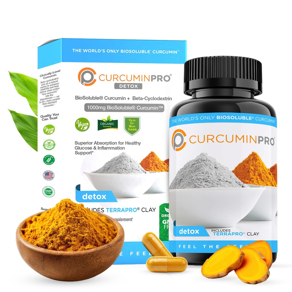 curcuminpro Detox Capsules 12.4; Organik Turmeric Suplemen dengan BCD & Natural Bentonite Clay 124; High Absorpsi Vegan Curcumin Blend for Gut and Heart Wellness 124; 60 Count