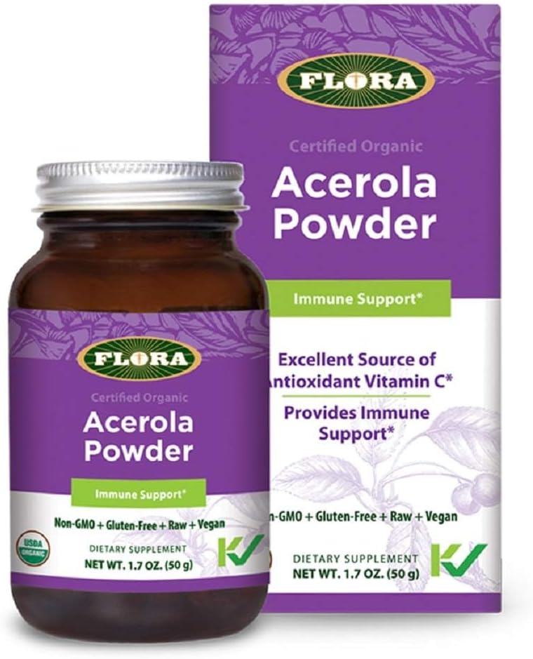 Flora - Acerola Powder, Daily Immune Booster dengan Vitamin C, Gluten Free & Vegan Vitamin C Antioksidant Powder, 1.7-oz. Botol Kaca