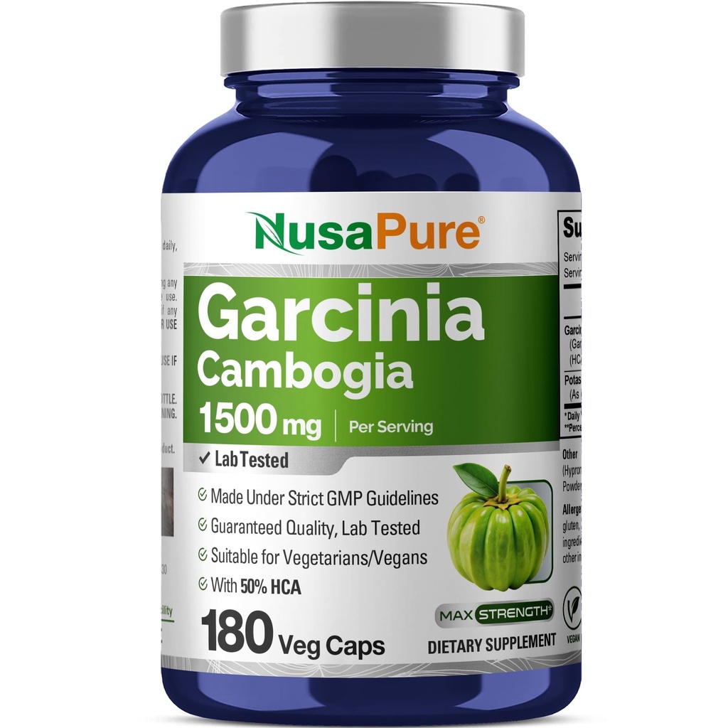 NusaPure Garcinia Cambogia 180 Veggie Capsules 1500mg (Vegetarian, Non- GMO, Vegan)