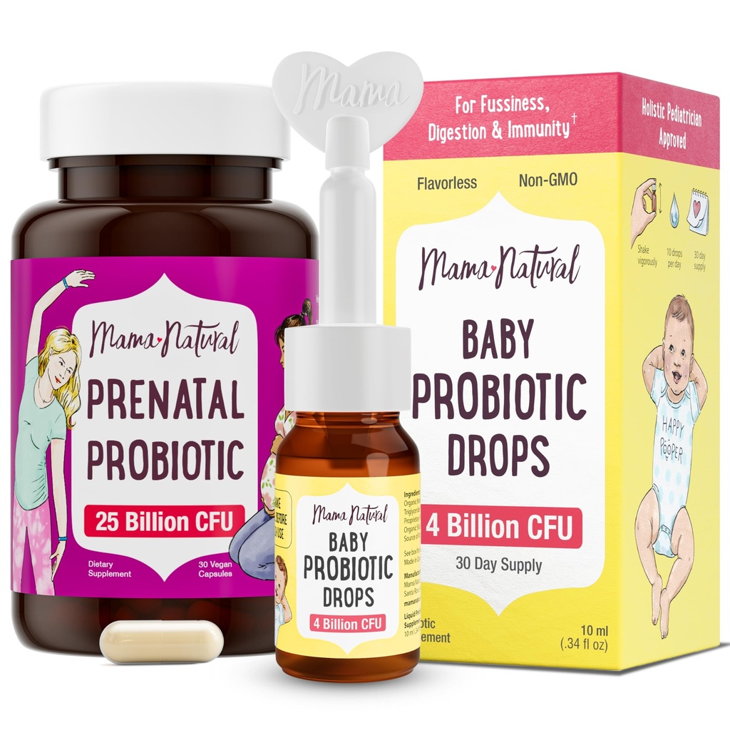 Mama Natural Prenatal Probiotic & Bayi Probiotic Drops Bundle - Gut, Vaginal & Imune Dukungan untuk Ibu + Digetical Comfort untuk Bayi dengan Propole- Bundle & Simpan