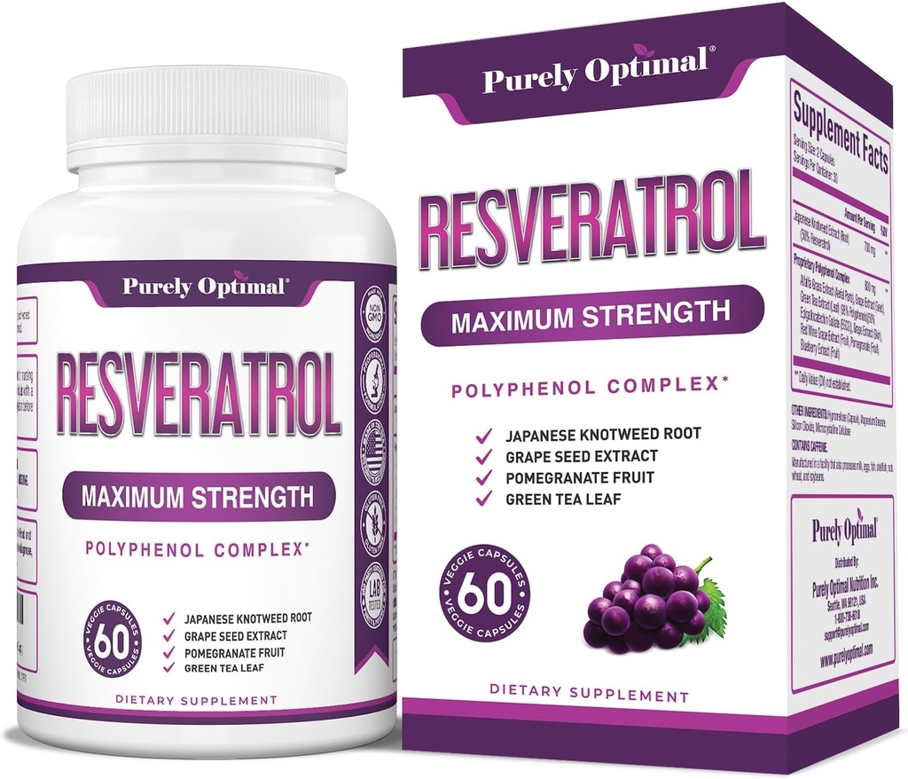 Purely Optimal Reveratrol Supplemen 1500mg - Trans- Resveratrol dari Jepang Knotweed, Polyphenol Complex - Pendukung Penuaan, Vitalitas, Kognitive & Skin Kesehatan - 60 Vegan Capsules
