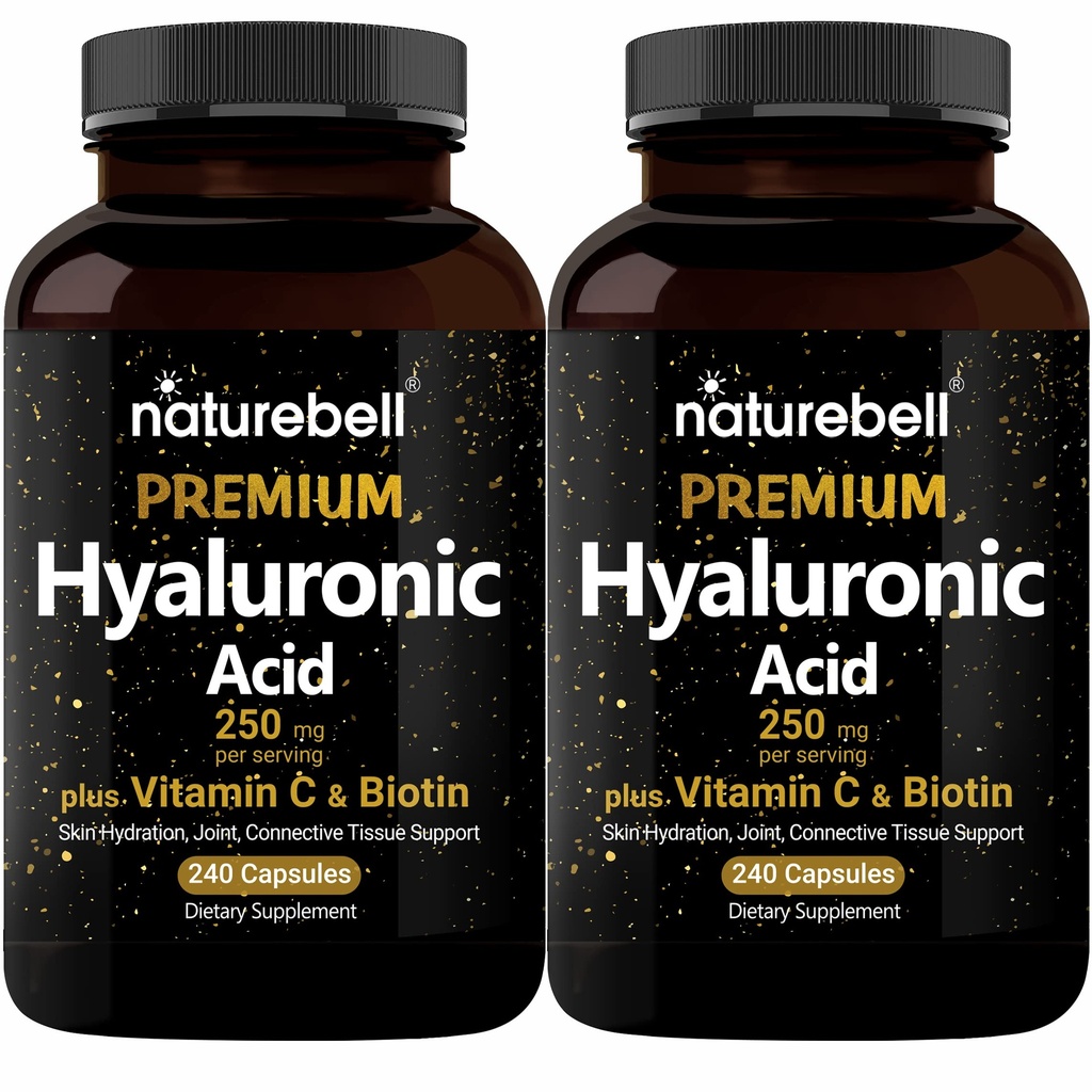 NatureBell 2 Pack Plant Based Hyaluronic Acids 250mg with 25mg Vitamin C & Biotin 5000mcg, 480 Total Capsules 124; Escies for Hair Growth, Gabungan Dukungan, & Hydrating Skin 126; Non-GMO