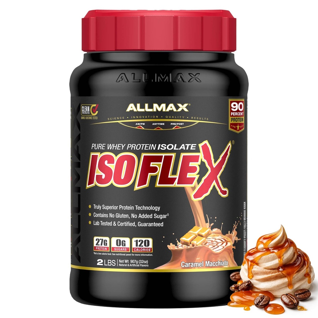 ISOFLEX NALLMAX Whiy Protein Isolat, Caramel Macchiato - 2 lb - 27 Grams of Protein Per Scoop - Zero Fat & Sugar - 99% Laktosa Free - Gluten Free & Soy Free - Perkiraan 30 Servings