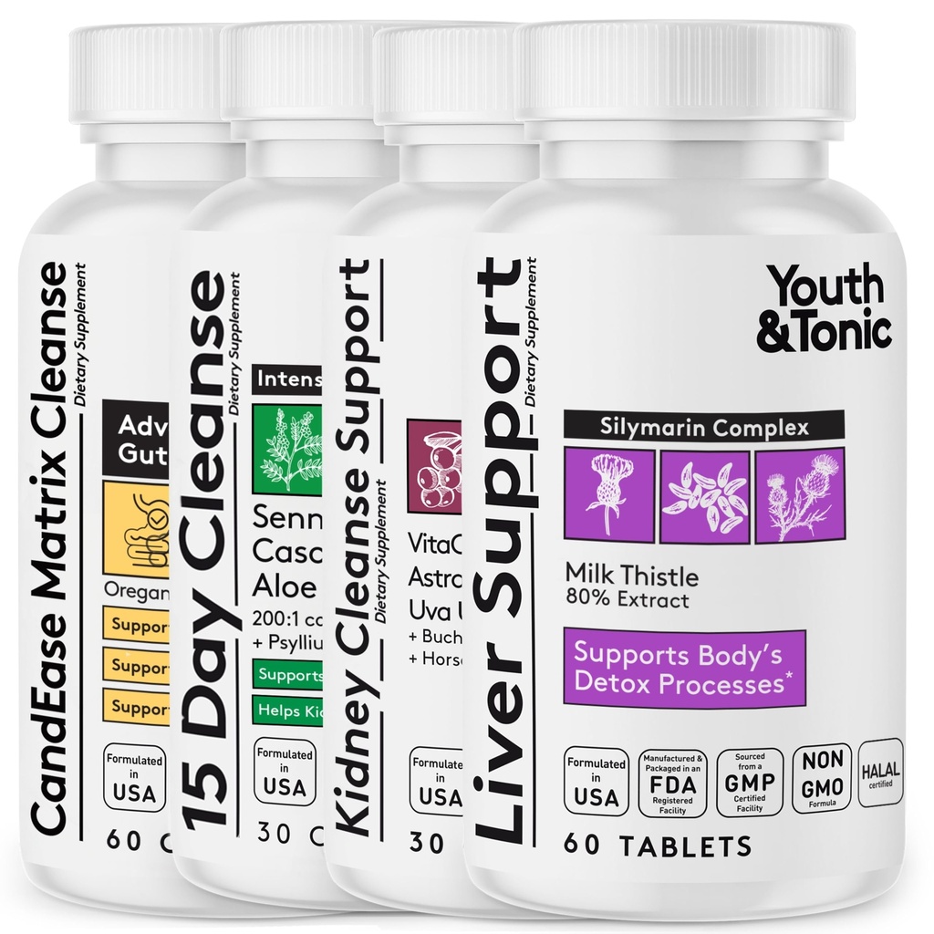 Pemuda & Tonic 4X Detox Tubuh dan Cleanse untuk Perempuan & Pria dengan Dukungan Hati, Ginney dan Colon Cleanse dan Candease Matrix. 180 Pil