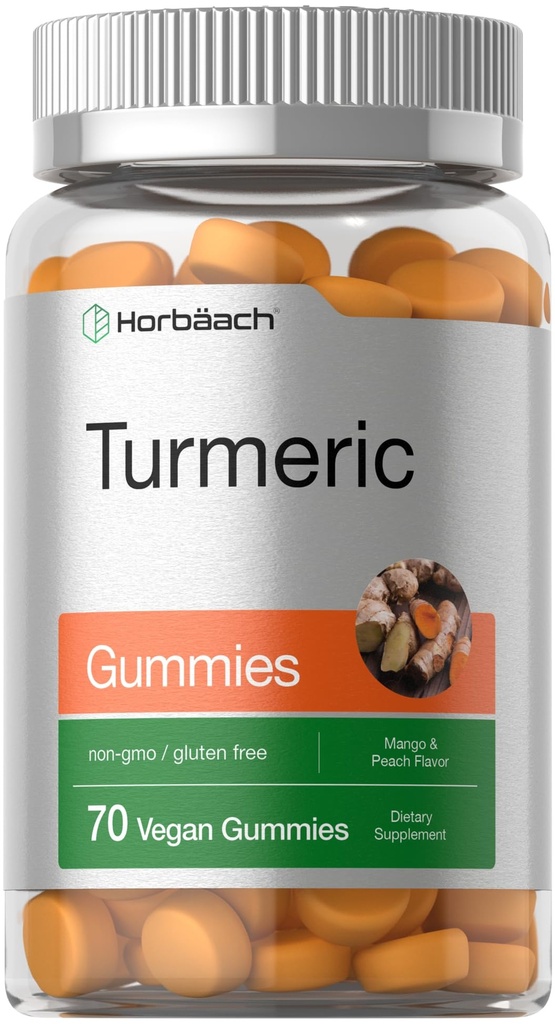 Horbach Turmeric Gummies = 124; 70 Count 124; Mango & Peach Flavor = 124; Turmeric Curcumin dengan Ginger 124; Vegan Non-GMO & Gluten Free Suplemen
