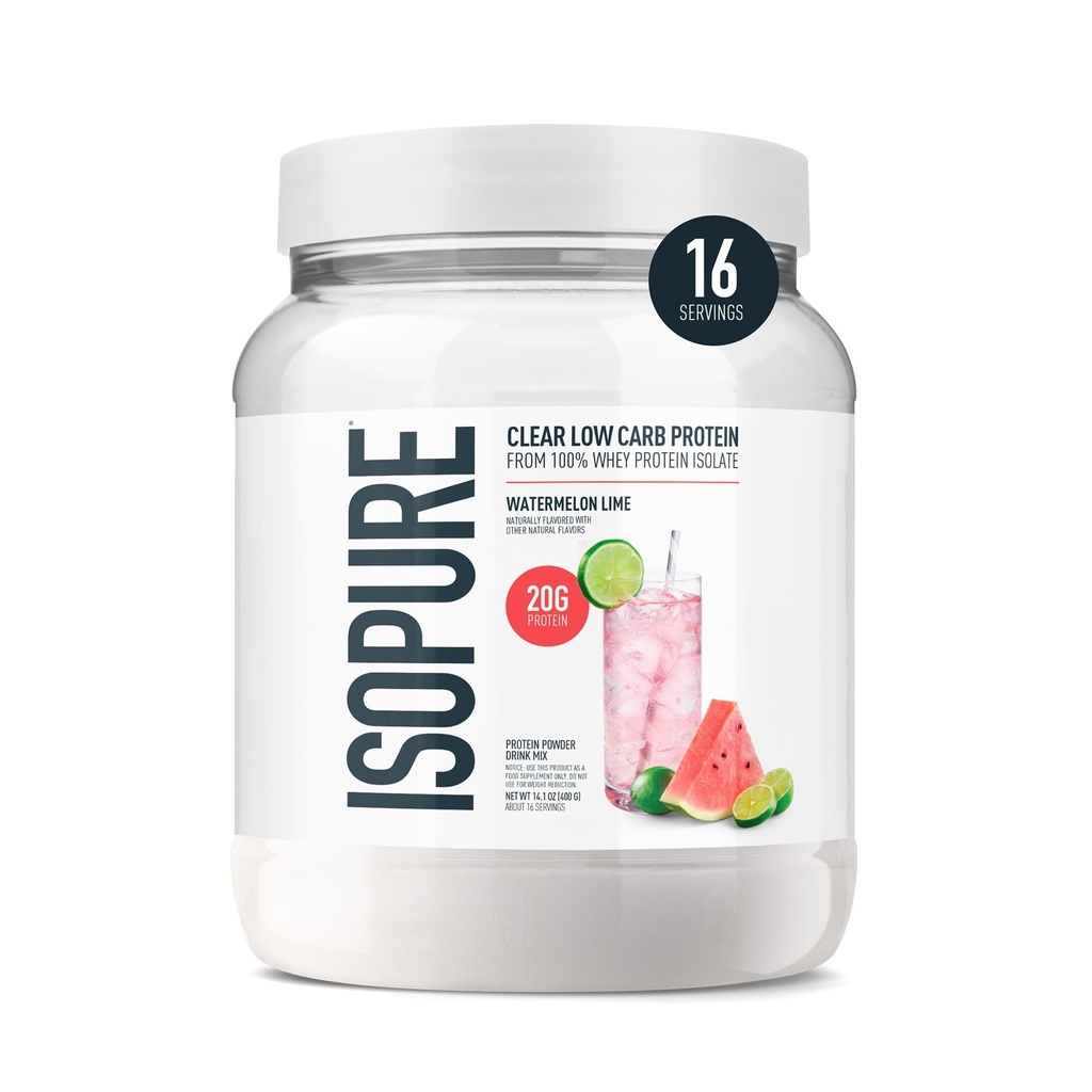 Isopure Clear Whey Isolate Protein Powder, Laktosa Free, Gluten Free, Alamic Flavored, Semangka Semangka, 20g Protein Per Serving, 14.1 Oz, 16 Servings (Packaging May Wary)