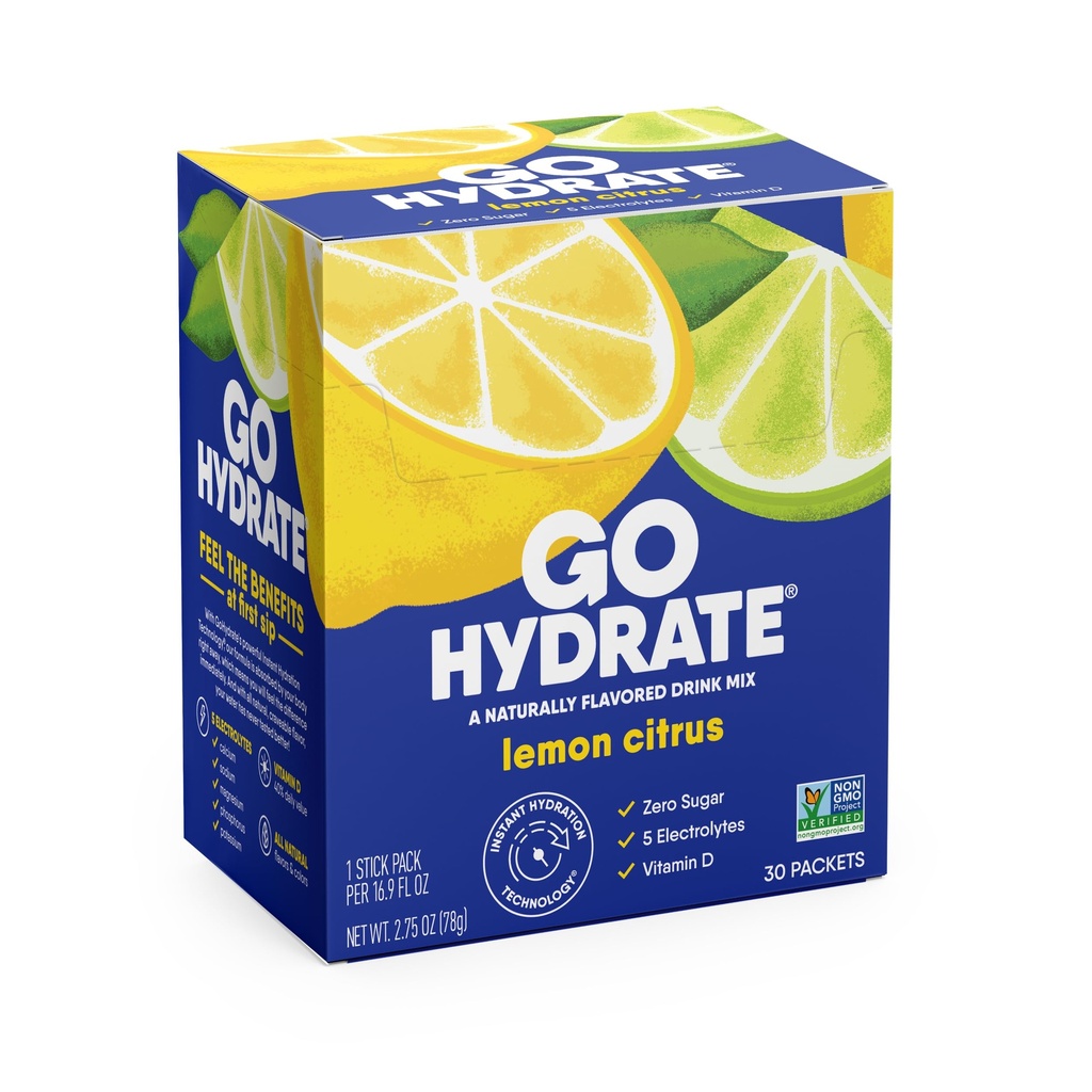 GoHydrate Instant Hidration Powder Pawder - Paket Sodium Rendah Elektrolite Minum Mix - Dukungan Hidration Alam, Gula Free Electrolite Flavored Minum dengan Vitamin D, 30 Packs, Lemon Citrus