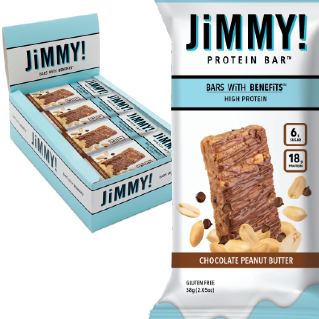 Jimme YBAR! Chocolate Peanut Butter Protein Bars 18g Protein Bar, 6g Low Sugar - 12 Count - 58g Health Bars - Functional Snack dengan Real Peanuts & Hand--Drizzled Chocolate