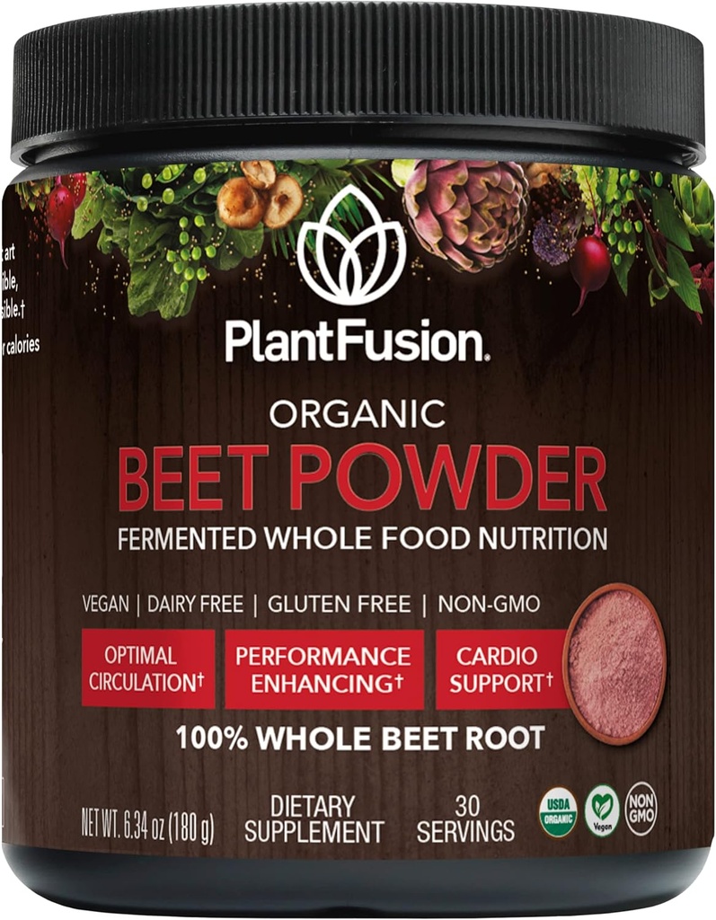 Plantfusion Organic Beet Root Powder - Superfood Beet Supplement untuk mendukung Blood Flow & Circulation - Difermentasi Whole Food None-GMO, Vegan-Free, 6.34 oz 30 Servings