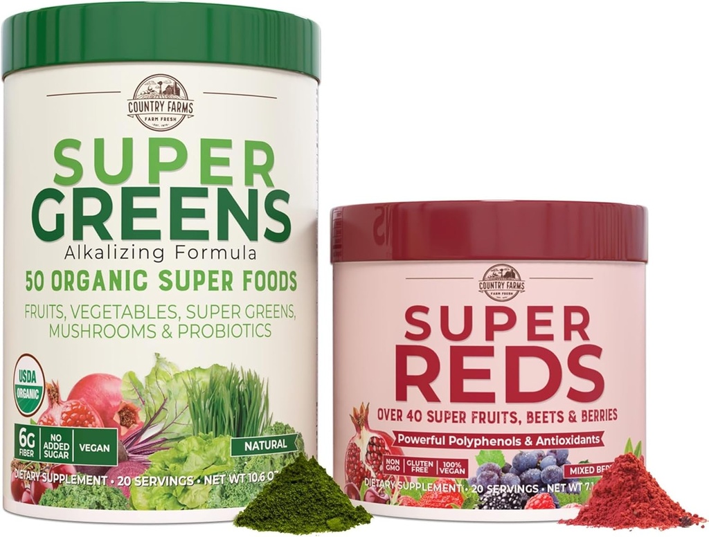 COUNTRY FARMS Estims Pack, Super Greens Powder dan Super Reds, Dikemas dengan 50 Organic Super Foods dan 40 Super Fruit, Natural Energy, Bloating Dups, Unflavor & Berry, 17.7 oz, 2 Pack