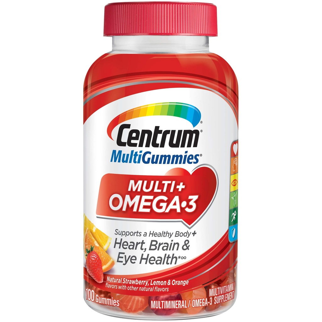 Sentrum Multigummies Omega 3 Gummy Multivitamin for Dewasa, Multivitamin / Multimineral Suplemen, Strawberry / Lemon / Orange Flavors - 100 Count
