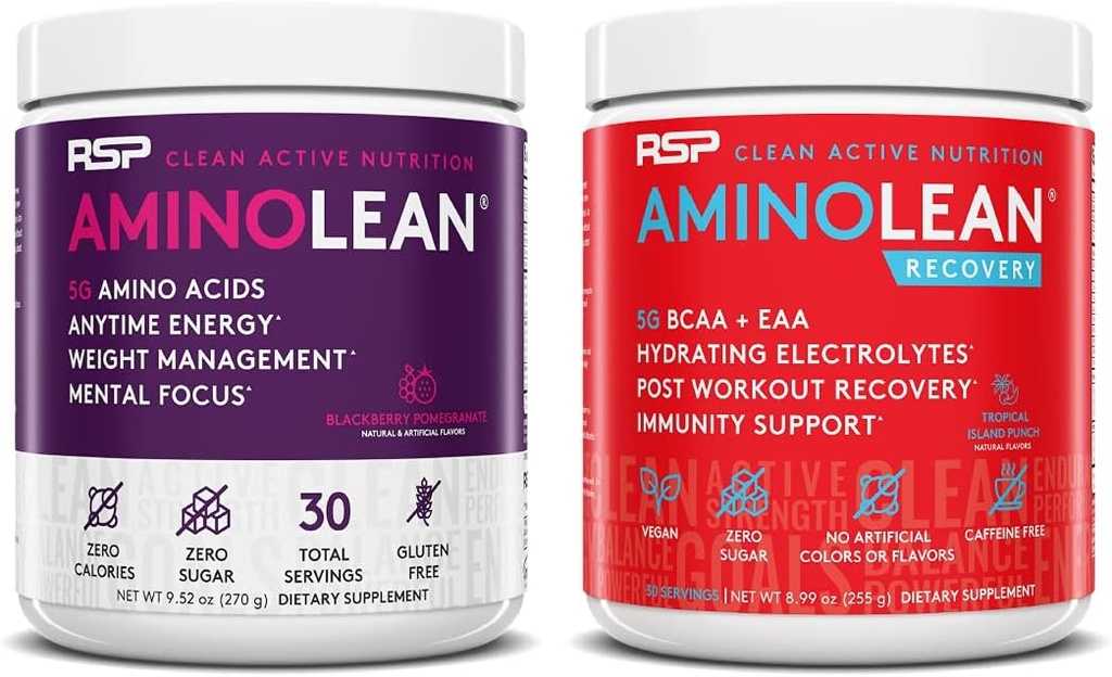 RSP NUTRITION AminoLean Pre Workout Energy (BlackBerry Poteculate 30 Servings) dengan Pembangunan Aminolean Post Workout Boost (Tropical Island Punch 30 Servings)
