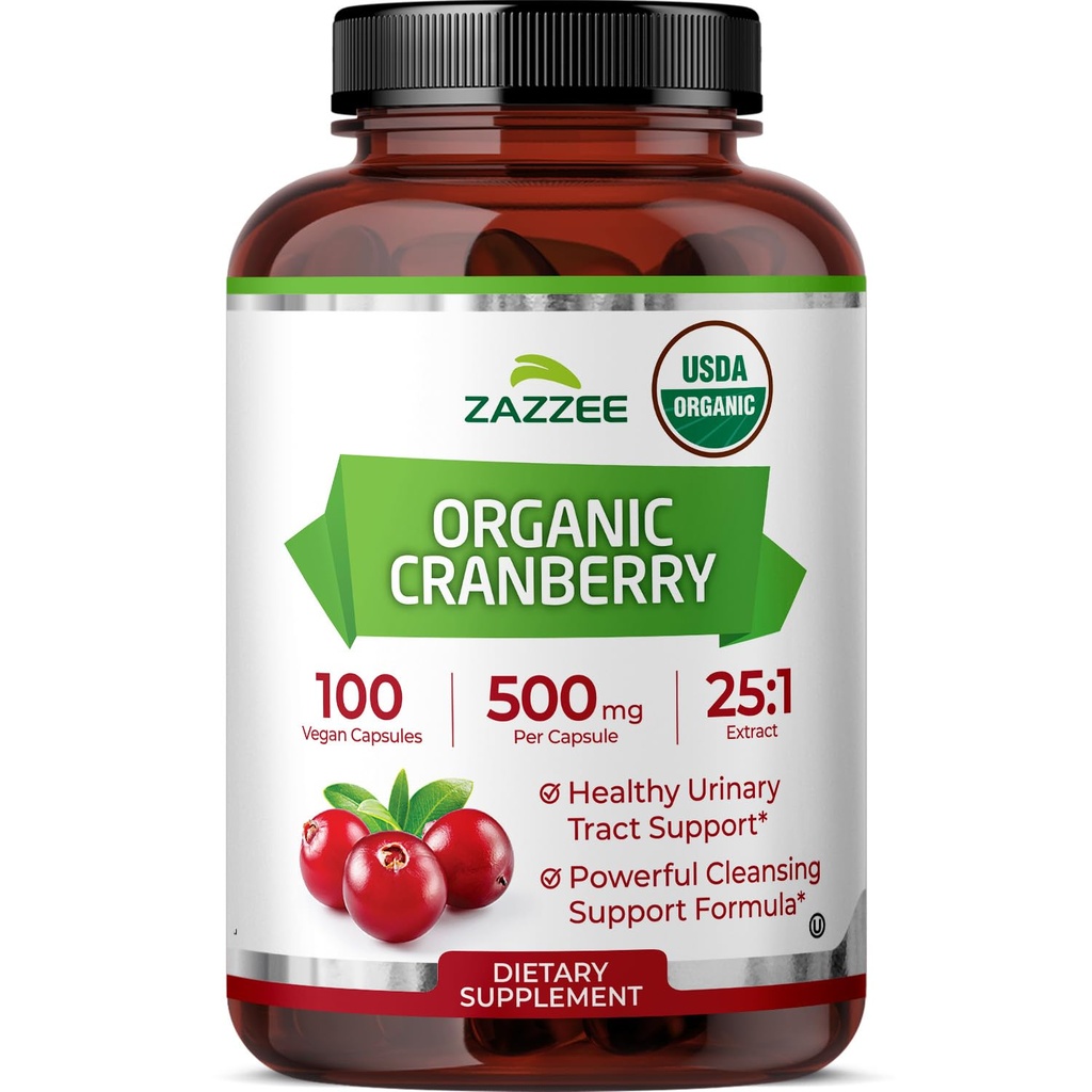 Zazzee USDA Organik Cranberry 25: 1 Ekstrak, 500 mg per Capsule, 100 Vegan Kapsul, Lebih dari 3 Bulan Supply, Standardisasi, Konsentrasikan 25X Ekstrak, 100% Vegetarian, Sertifikasi Organ, Non-GMO All- Natural