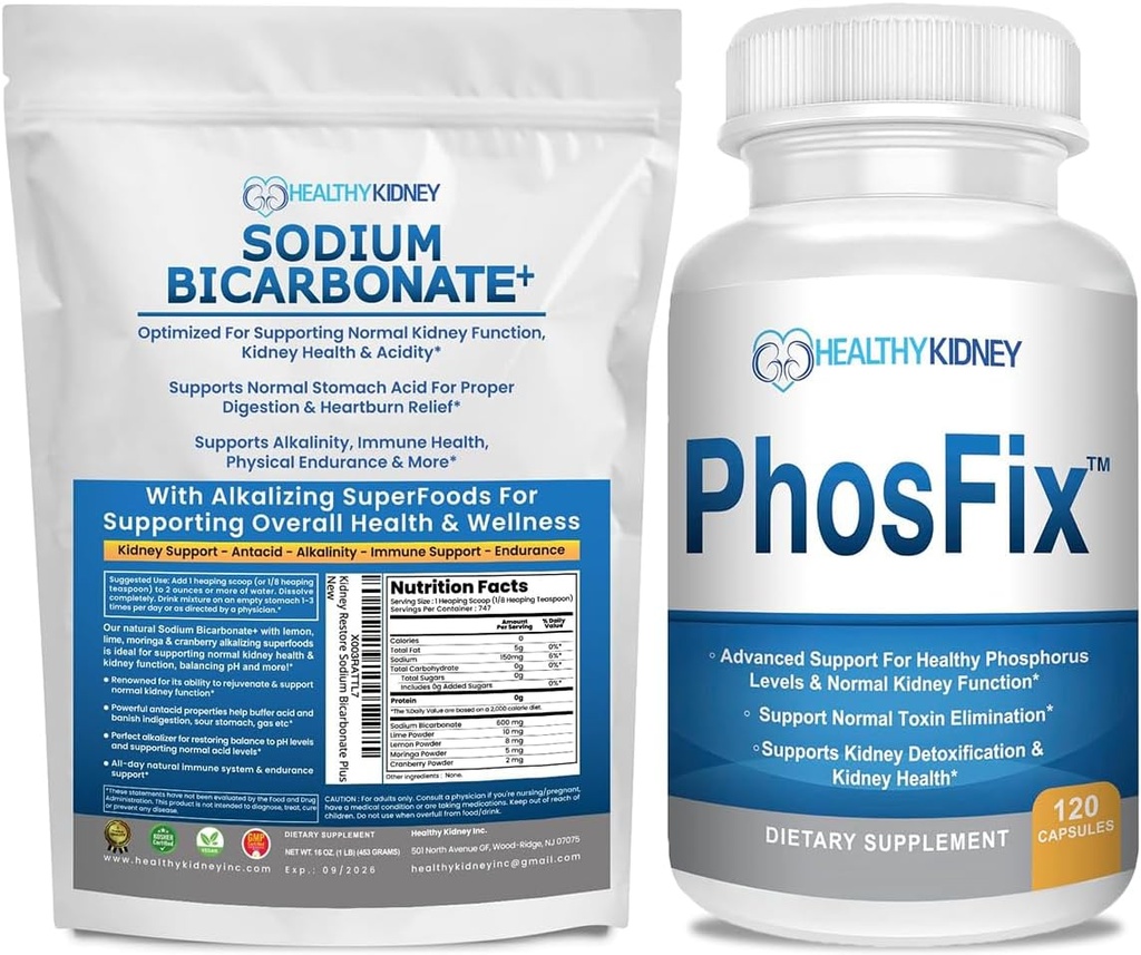 Sodium Organik Bikarbonat Tambahan Alkaliline Bundle 2LB Powder untuk Alkallinity, Ginney & Acid + PhosFix 120 Pills Phosphorus Binder untuk Posfor Healthy Levels & Ginjal Kesehatan