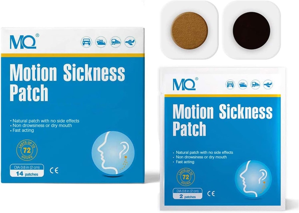 MQ 42ct Motion Sickness Patches Non Drowsy, Sea Sickness Patch for Cruise Travel Essentials, Waterproof Patch Behind Ear for Car Airplane Ality Sickness, Long Last 72H