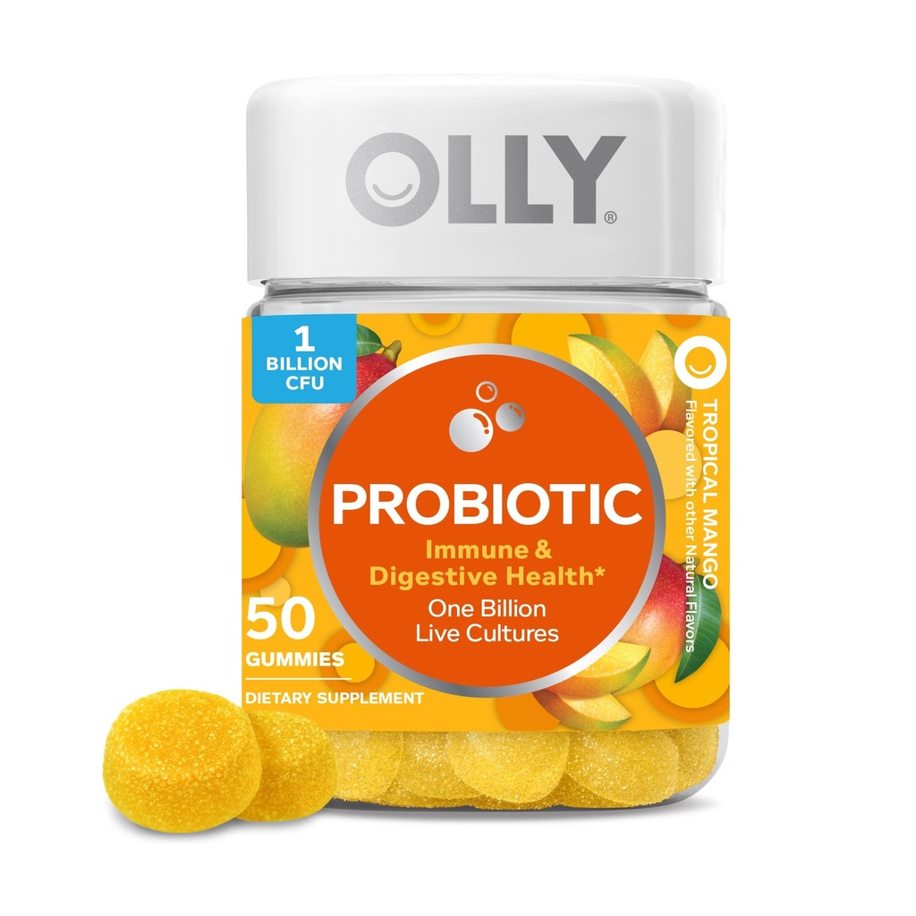 Gummy Probiotik OLLY, Dukungan Imunitas dan Digepsi, 1 Milyar CFUs, Suplemen Probiotik Chewable, Mangga, 25 Hari Suppply - 50 Cacah