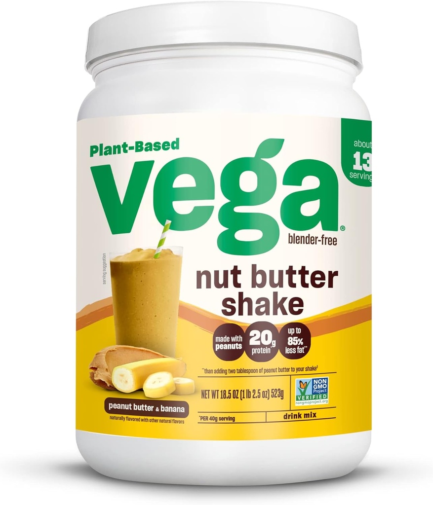 Vega Nut Butter Shake, Peanut Butter & Banana - Powder Protein Vegan, 20g Protein, Real Food Ingredials, No Ditambahkan Sugar, 1.39 Ibs